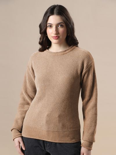 Globs Women Brown Self Design Round Neck Drop Shoulder Long Sleeves Acrylic Knitted Pullover Sweater 