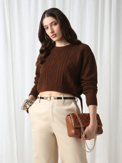 Globus Women Brown Cable Knitting Round Neck Long Sleeve Acrylic Pullover Crop Sweater 