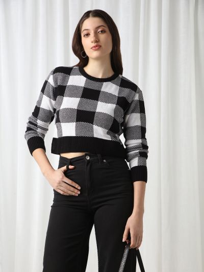 Globus Women Black Checkered Round Neck Long Sleeves Acrylic Pullover Crop Sweater 