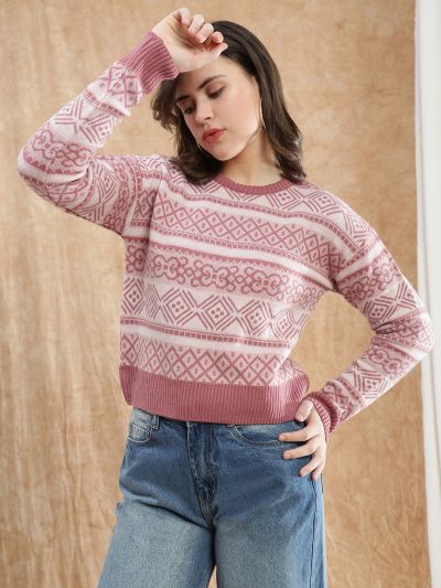 Globus Women Pink Round Neck Long Sleeve Self Design Knitted Ribbed Hem Acrylic Winterwear Pullover Sweater