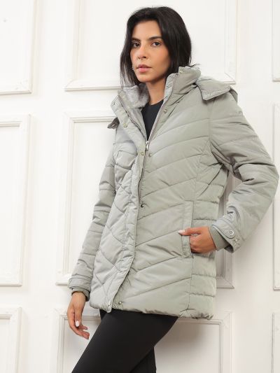 Globus Women Grey Mock Neck Winter Wear Insulator Puffer Jacket With Detachable Soft Functional Hood