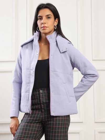 Globus Women Purple Mock Neck Long Sleeves 2 Pockets Self Design Winter Wear Insulator Puffer Jacket With Attached Hood