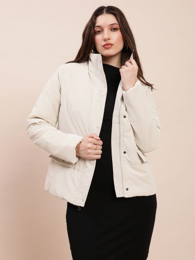 Globus Women Off-White High Neck Long Sleeves Front Zip 2 Pockets Winterwear Puffer Jacket