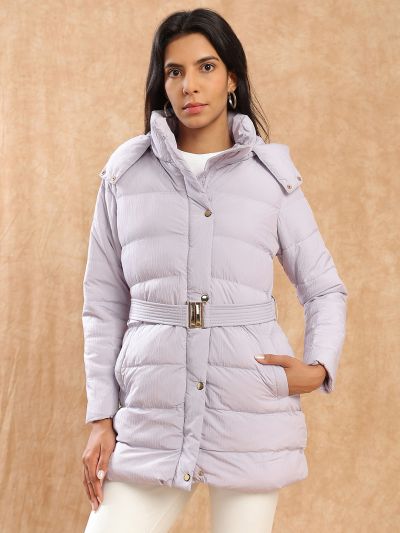Globus Women Purple Mock Neck Long Sleeves Belted Winter Wear Insulator Puffer Jacket With Detachable Hood