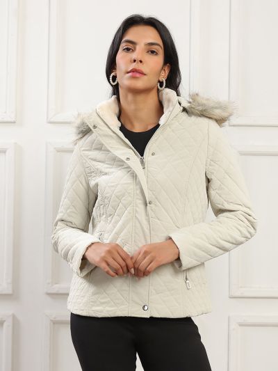 Globus Women Cream Mock Neck Winter Wear Insulator Puffer Jacket With Detachable Faux Fur Hood