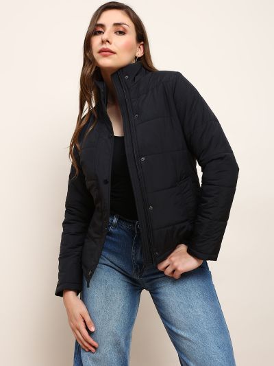 Globus Women Black Mock Neck 2 Pockets Detail Winter Wear Insulator Puffer Jacket