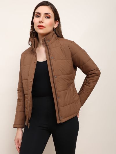 Globus Women Brown Mock Neck 2 Pockets Detail Winter Wear Insulator Puffer Jacket