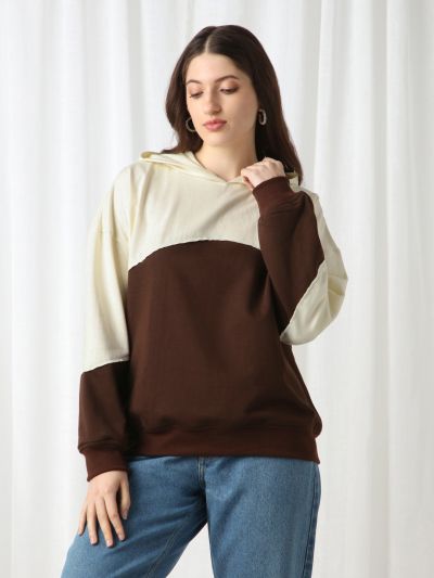 Globus Women Brown Colorblock Drop Shoulder Sleeves Ribbed Hem Hooded Oversized Heavy Fleece Sweatshirt
