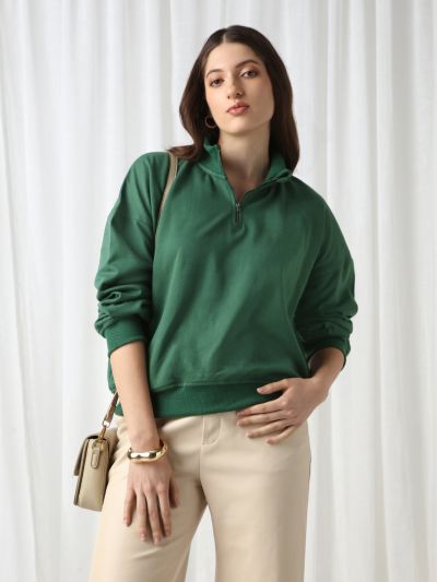 Globus Women Green Drop Shoulder Sleeves Half Zipper High Neck Ribbed Hem Oversized Heavy Fleece Sweatshirt