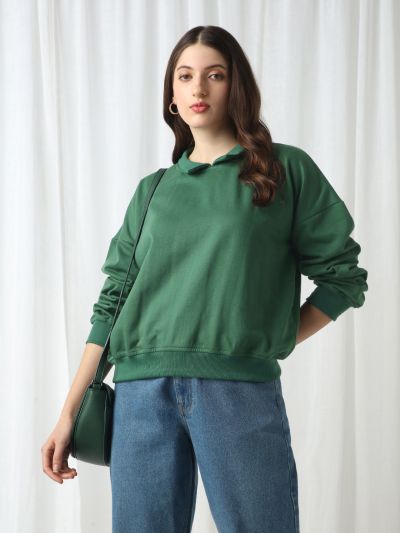Globus Women Green Collared Neck Drop Shoulder Sleeves Ribbed Hem Oversized Heavy Fleece Sweatshirt
