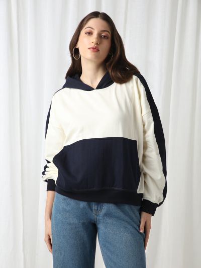 Globus Women Navy Blue Colorblock Drop Shoulder Sleeves Kangaroo Pocket Hooded Oversized Heavy Fleece Sweatshirt