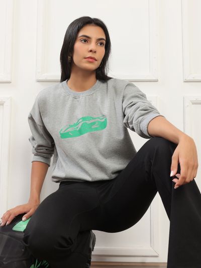 Globus Women Grey Graphic Print Drop Shoulder Sleeves Round Neck Ribbed Hem Pullover Heavy Fleece Sweatshirt 