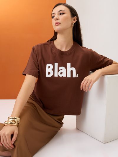 Globus Women Brown Typography Print Round Neck Short Sleeves Boxy Fit T-Shirt
