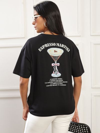 Globus Women Black Round Neck Drop Shoulder Sleeves Graphic Back Print Oversized T-Shirt