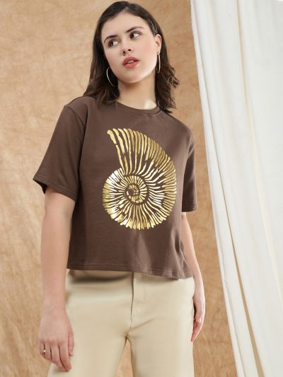 Globus Women Brown Gold Foil Graphic Print Round Neck Drop Shoulder Sleeves Boxy Crop T-shirt