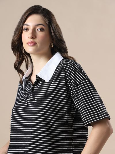 Globus Women White & Black Striped Collared Neck Short Sleeves Boxy Fit T-Shirt
