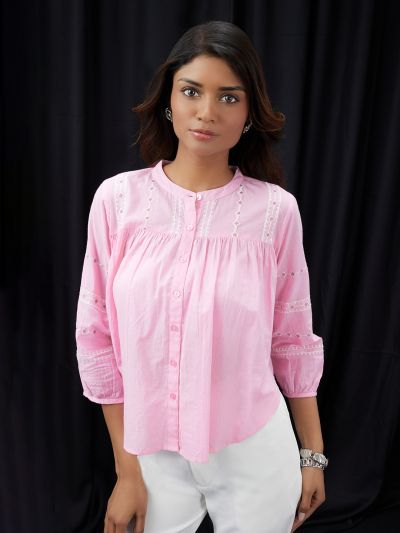Globus Women Pink Embroidered Mandarin Collar Gathered & Pleasted Detail Shirt Style Top