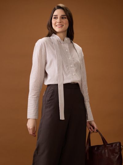 Globus Women Brown Mandarin Collar Cuffed Sleeves Striped Tie Detail High-Low Hem Workwear Shirt