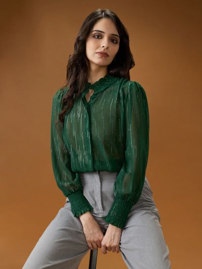 Globus Women Green Frilled Neck Bishop Sleeves Sequinned detail Georgette Shirt Style Top