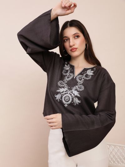 Globus Women Grey Embroidered V-Neck Bell Sleeves Top