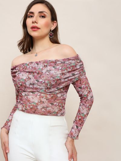 Globus Women Pink Floral Off Shoulder Long Sleeve Ruched Party Top 