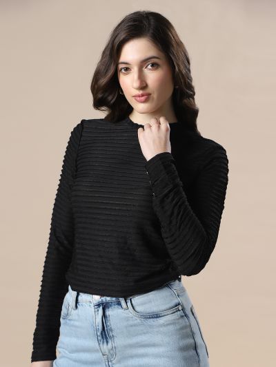 Globus Women Black Self Design High Neck Full Sleeves Knitted Top