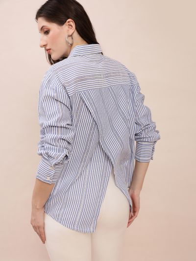 Globus Women Blue Collared Neck Cuffed Sleeves Striped Asymmetric Back Hem Oversized Shirt
