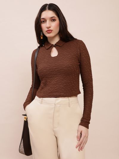 Globus Women Brown Collared Keyhole Neck Long Sleeves Self Design Top