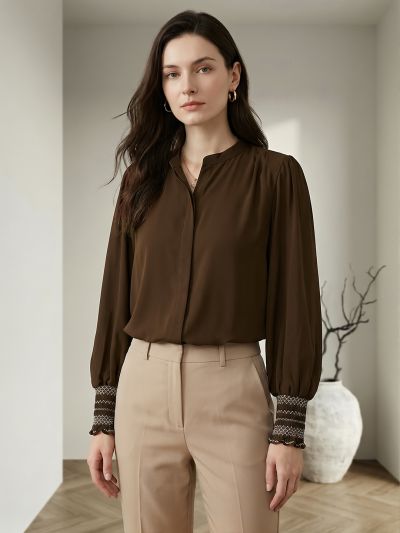 Globus Women Brown Mandarin Collar Elasticated Embroidered Sleeve Relaxed Fit Straight Hem Shirt 