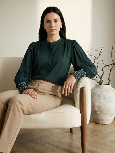 Globus Women Green Mandarin Collar Elasticated Embroidered Sleeve Relaxed Fit Straight Hem Shirt 