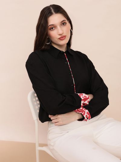 Globus Women Black Collared Neck Printed Placket & Cuffed Sleeves Curved Hem Oversized Shirt