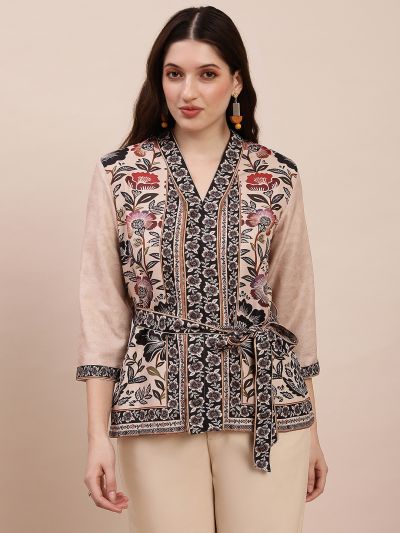 Globus Women Beige V-Neck Floral Print Top With Belt