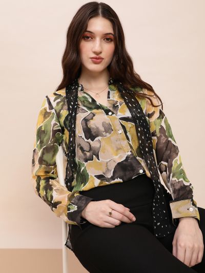 Globus Women Olive Collared Neck Tie Detail Cuffed Sleeves Abstract Print Georgette Shirt