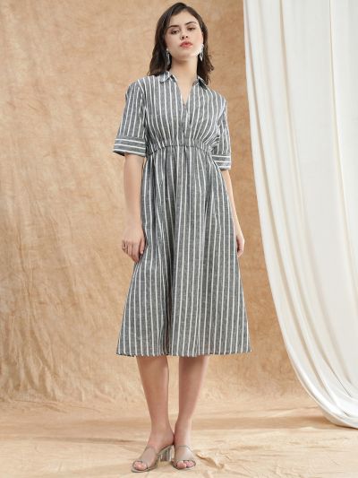 Globus Women Black Collared V-Neck Short Sleeved Striped Midi Fit & Flare Workwear Dress