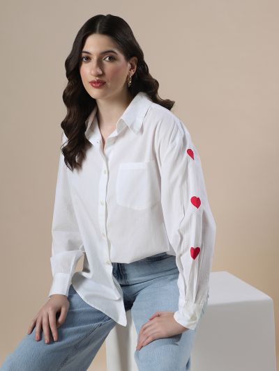 Globus Women White Collared Neck Embroidered Detail Cuffed Sleeves High-Low Hem Oversized Party Shirt