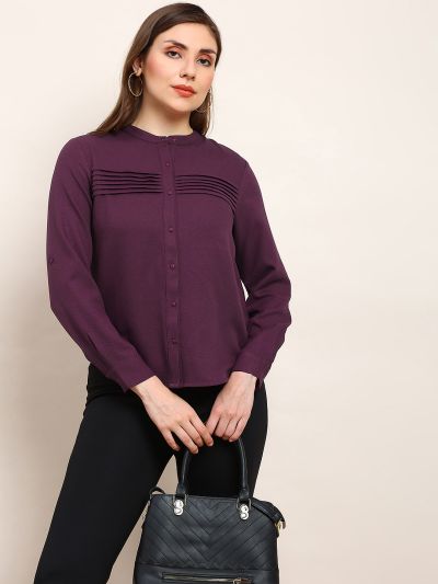 Globus Women Burgundy Mandarin Collar Cuffed Sleeves Solid Curved Hem Pleated Workwear Shirt