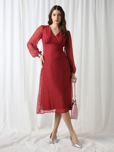 Globus Women Maroon V-Neck Bishop Sleeves Lurex Detail Georgette Fit & Flare Midi Party Dress