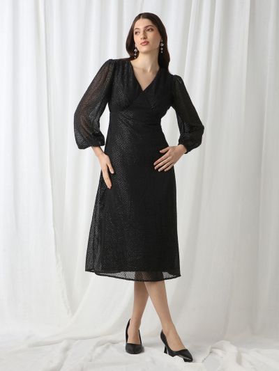 Globus Women Black V-Neck Bishop Sleeves Lurex Detail Georgette Fit & Flare Midi Party Dress