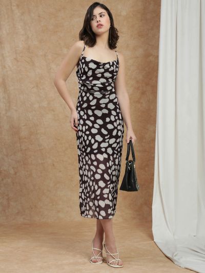 Globus Women Brown Cowl Neck Shoulder Straps Animal Print Back Tie-Up Detail Midi Bodycon Party Dress