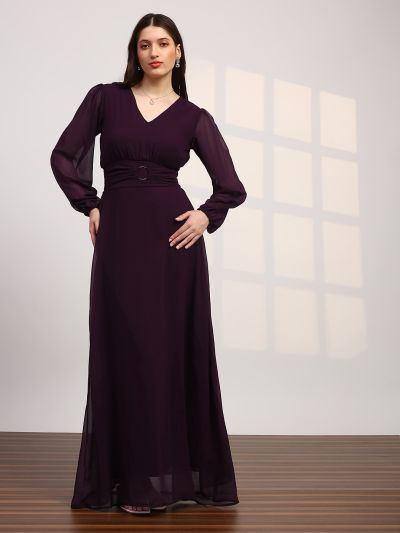 Globus Women Burgundy V-Neck Bishop Sleeves Smocked Georgette Fit & Flare Maxi Party Dress