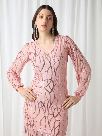 Globus Women Pink V-Neck Bishop Sleeves Embellished Mini Bodycon Party Dress