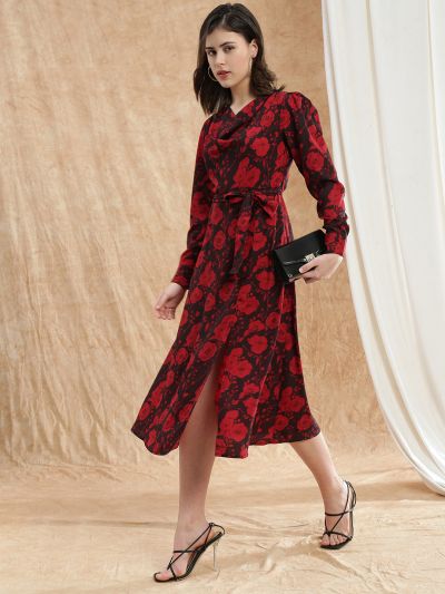 Globus Women Red Cowl Neck Cuffed Sleeves Floral Print Front Slit Midi A-Line Dress With Belt