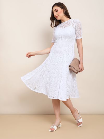 Globus Women White Round Neck Puff Sleeves Flared Hem Panelled Floral Lace A-Line Midi Party Dress