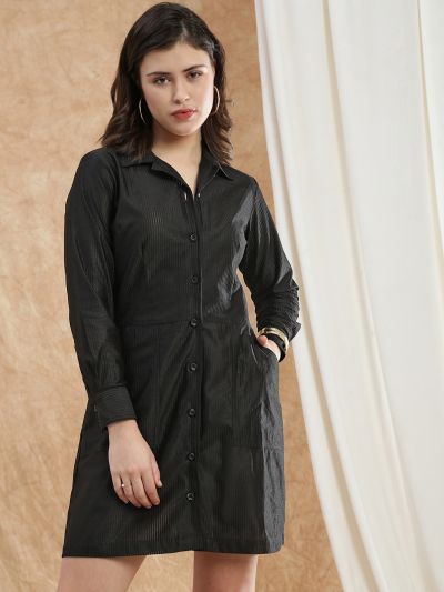 Globus Women Black Collared Neck Cuffed Sleeves Self Design Utility Pockets Mini Workwear Shirt Dress