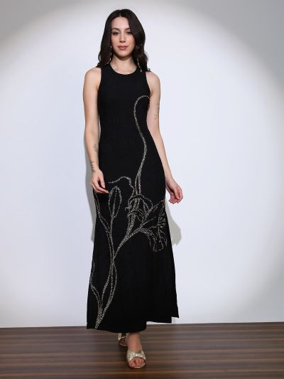 Globus Women Black Self Design Round Neck Embellished Detail Side Slits Bodycon Maxi Party Dress