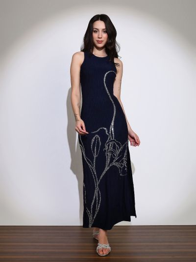 Globus Women Navy Blue Self Design Round Neck Embellished Detail Side Slits Bodycon Maxi Party Dress