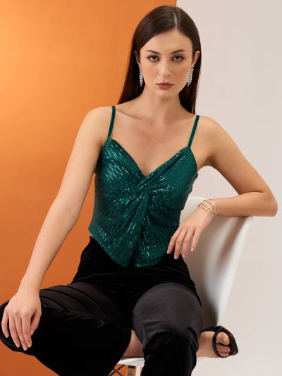 Globus Women Green Sweetheart Neck Shoulder Straps Twisted Detail Sequinned Party Top