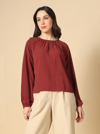 Globus Women Pink Embellished Jewel Neck Raglan Sleeves Pleated Georgette Party Top