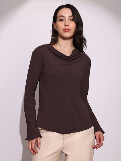 Globus Women Brown Cowl Neck Flared Sleeves Curved Hem Party Top