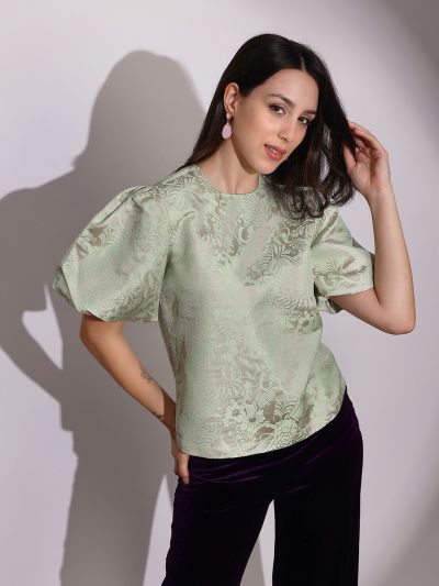 Globus Women Green Round Neck Balloon Sleeves Floral Brocade Party Top